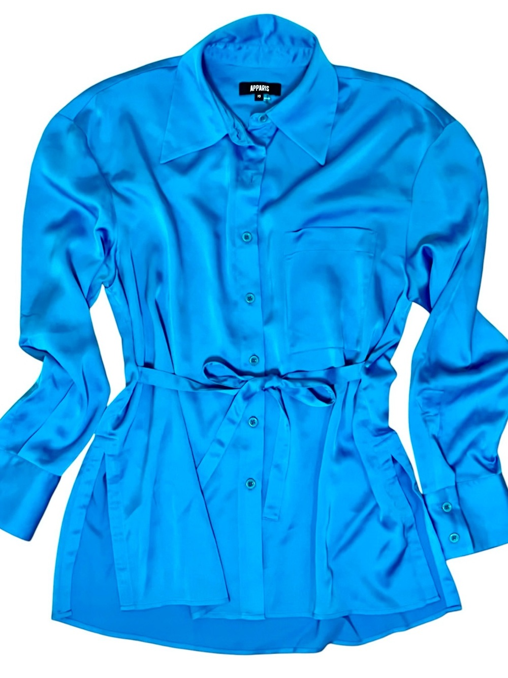 Apparis Mediterranean Blue Alt-Silk Button-Down Luxe Top w/ Waist Tie